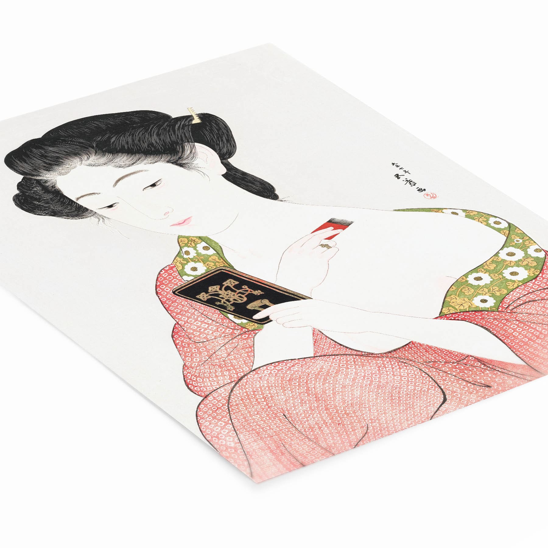 Green and Red Kimono Painting Laying Flat on a White Background