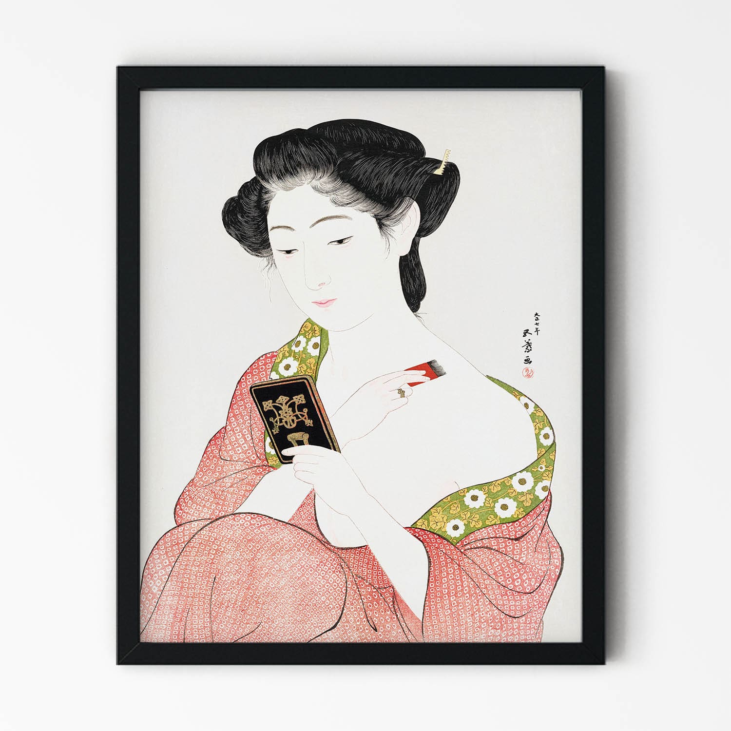 Green and Red Kimono Painting in Black Picture Frame
