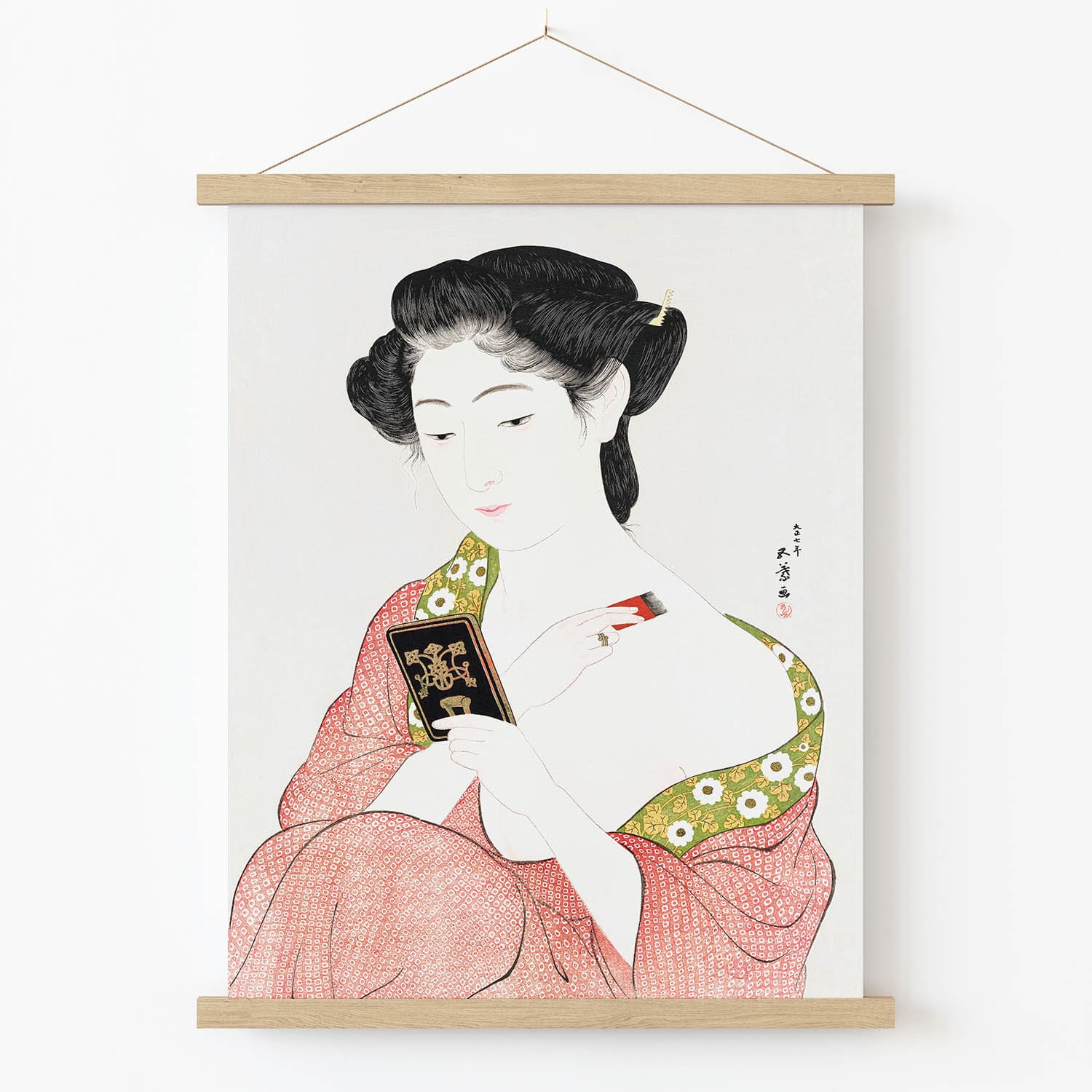Green and Red Kimono Art Print in Wood Hanger Frame on Wall