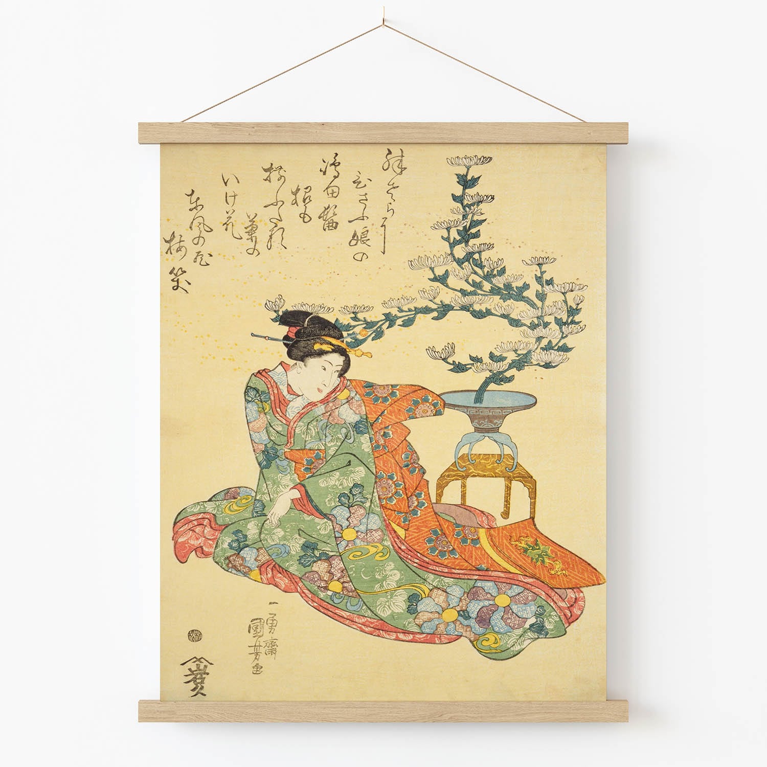 Light Green and Yellow Woodblock Art Print in Wood Hanger Frame on Wall