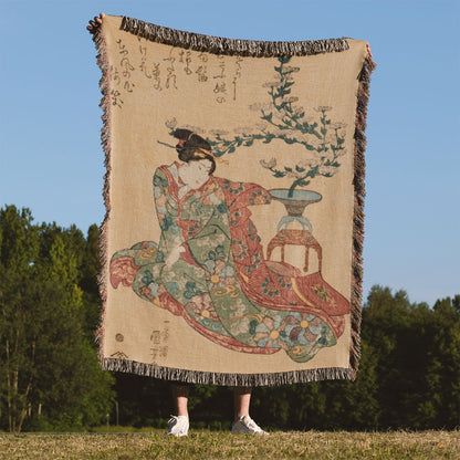 Japanese Aesthetic Woven Blanket Held Up Outside