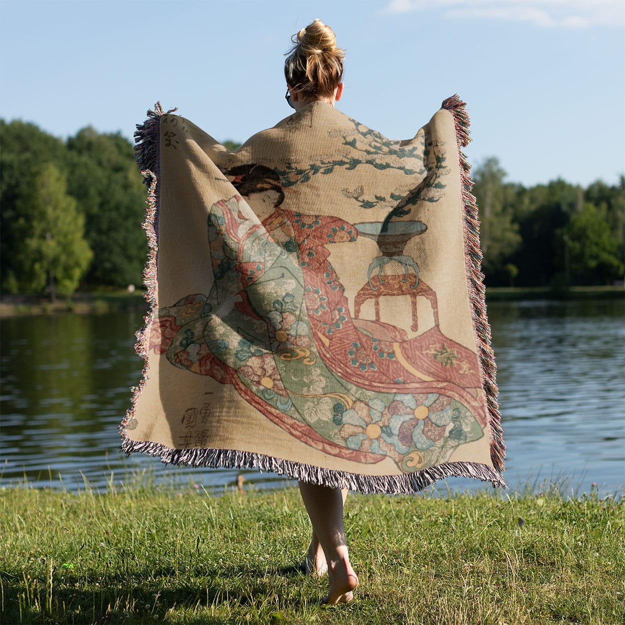 Japanese Aesthetic Woven Blanket Held on a Woman's Back Outside