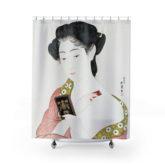 Japanese Aesthetic Shower Curtain with applying powder design, cultural bathroom decor featuring traditional Japanese beauty practices.