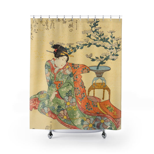 Japanese Aesthetic Shower Curtain with green and yellow design, cultural bathroom decor featuring vibrant Japanese themes.
