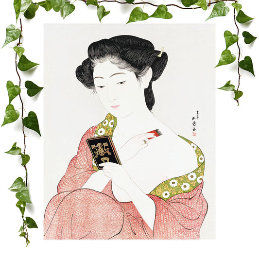 Japanese Aesthetic art prints featuring a woman applying powder, vintage wall art room decor