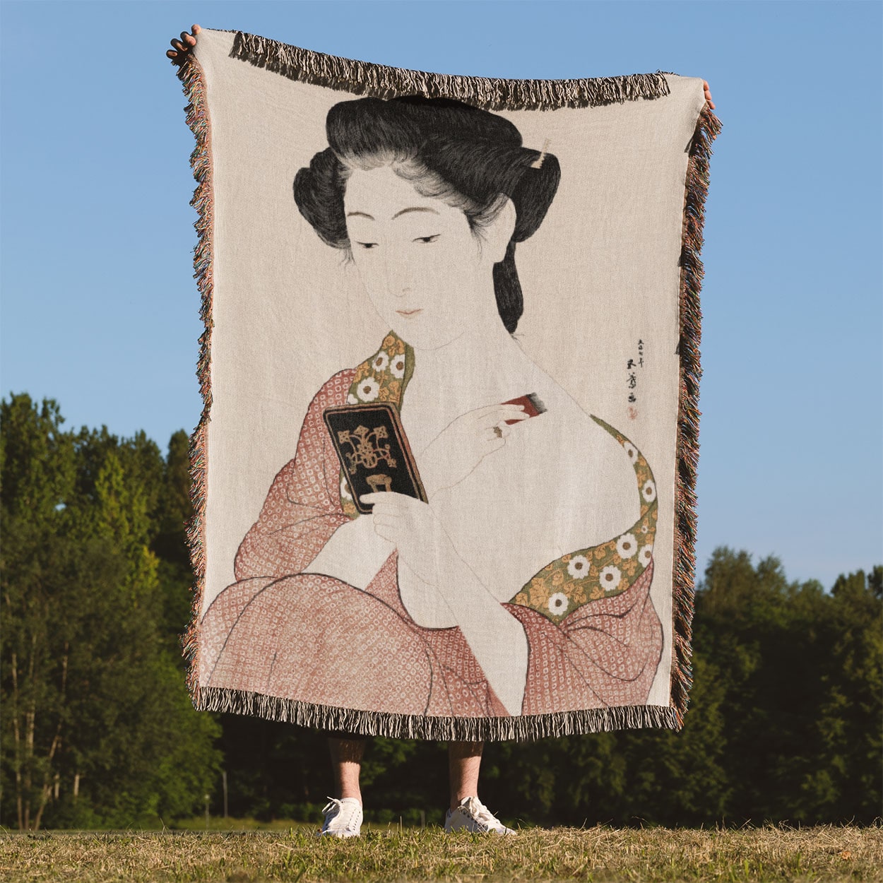 Japanese Aesthetic Woven Blanket Held Up Outside