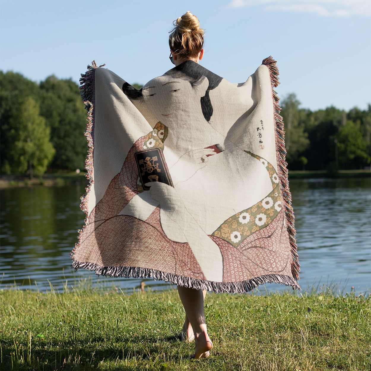 Japanese Aesthetic Woven Blanket Held on a Woman's Back Outside