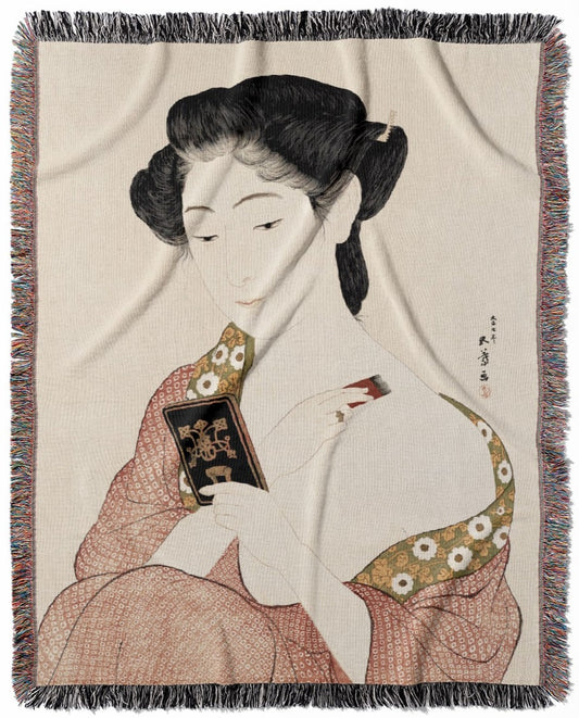 Japanese Aesthetic woven throw blanket, crafted from 100% cotton, providing a soft and cozy texture with a woman applying powder theme for home decor.