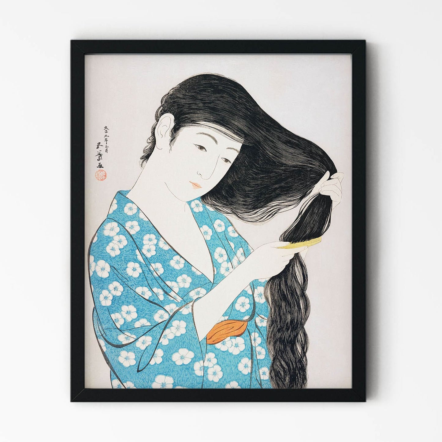 Blue Flower Kimono Painting in Black Picture Frame