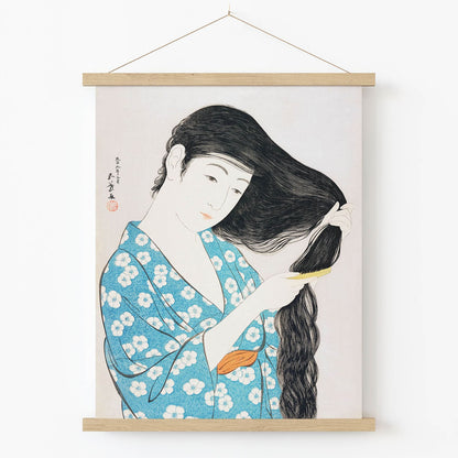 Blue Flower Kimono Art Print in Wood Hanger Frame on Wall