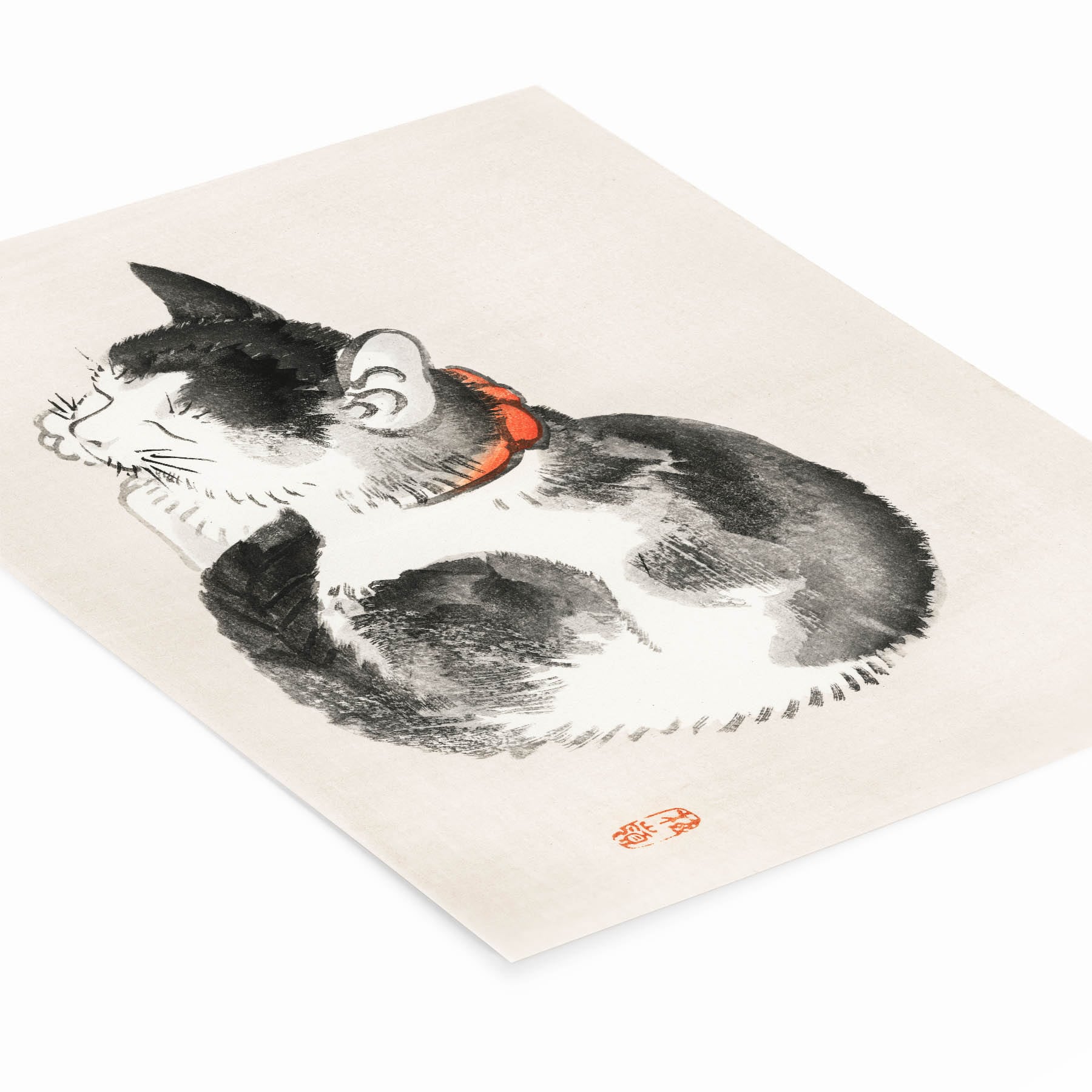 Japanese Black and White Cat Art Print Laying Flat on a White Background