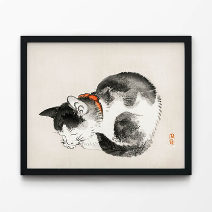 Japanese Black and White Cat Art Print in Black Picture Frame