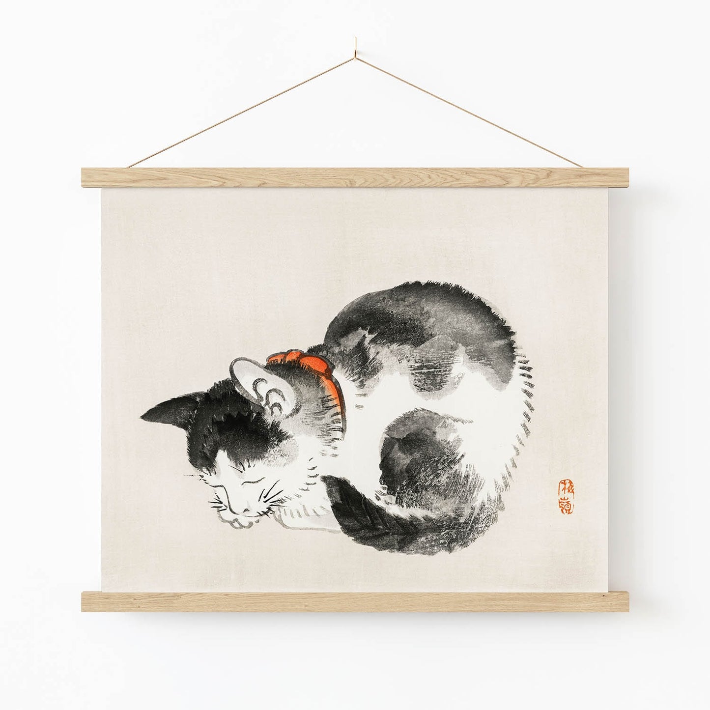 Japanese Black and White Cat Art Print in Wood Hanger Frame on Wall