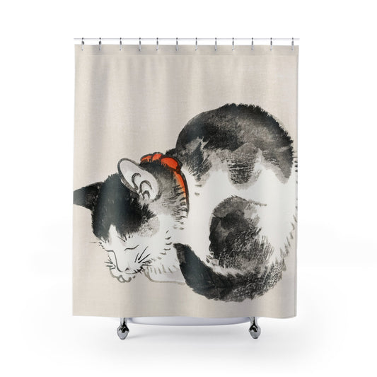 Japanese Black and White Cat Shower Curtain with minimalist design, stylish bathroom decor featuring sleek cat art.