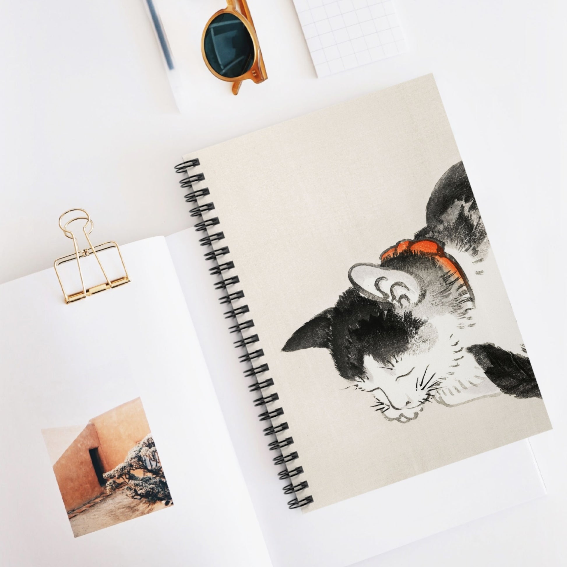 Japanese Black and White Cat Spiral Notebook Displayed on Desk