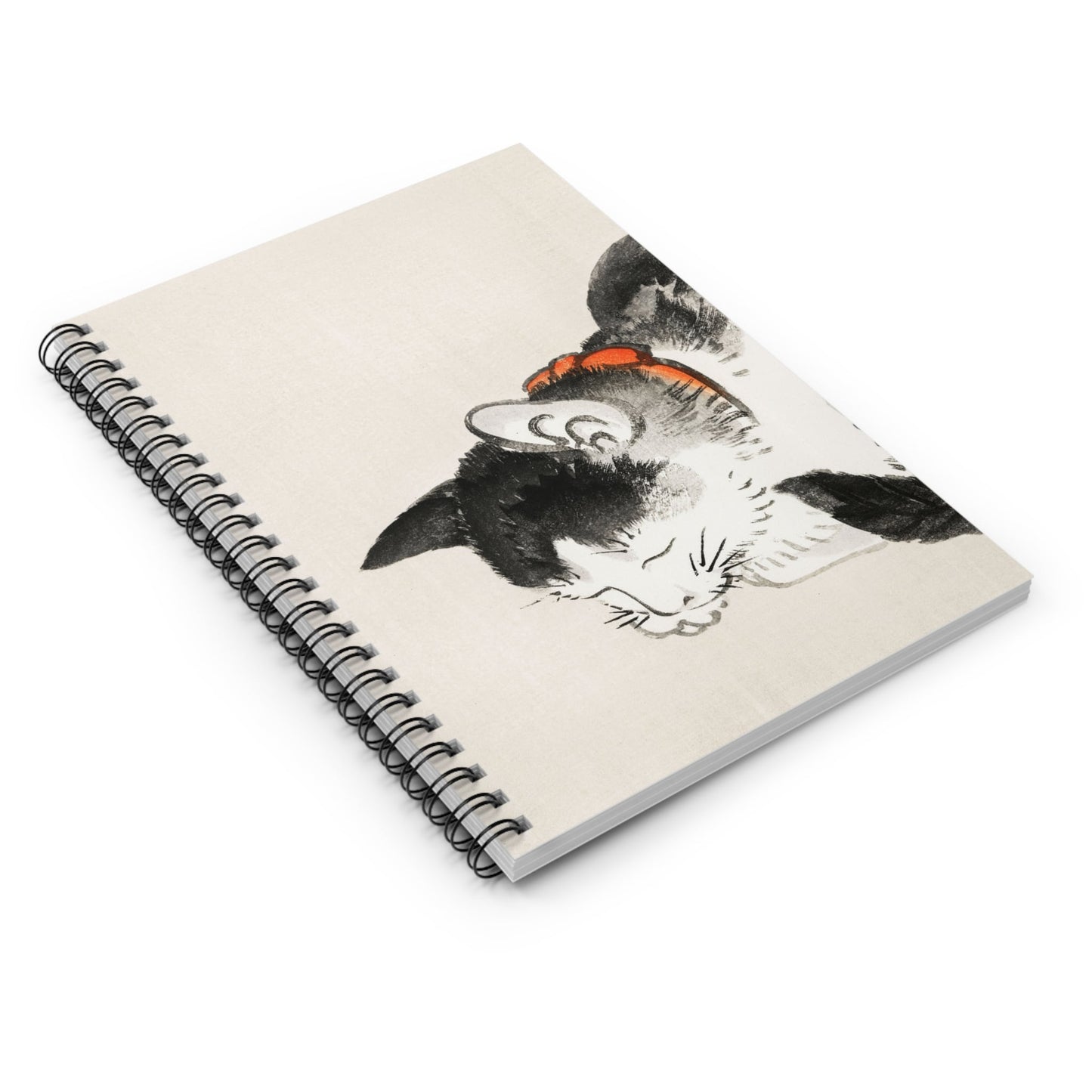 Japanese Black and White Cat Spiral Notebook Laying Flat on White Surface
