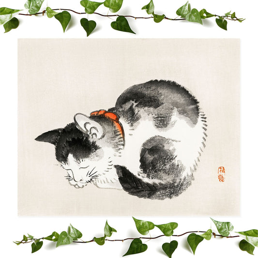 Japanese Black and White Cat art prints featuring a minimalist, vintage wall art room decor