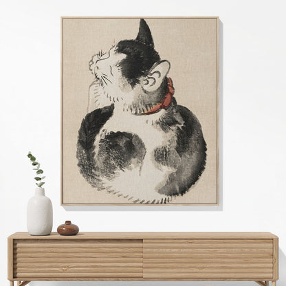 Japanese Black and White Cat Woven Blanket Woven Blanket Hanging on a Wall as Framed Wall Art