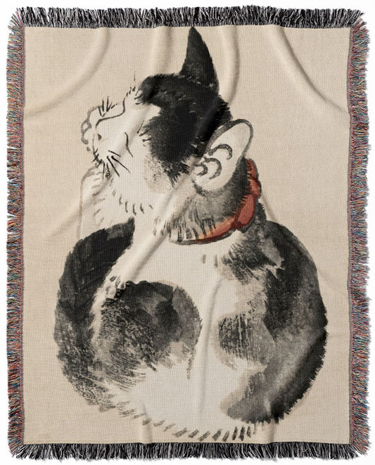 Japanese Black and White Cat woven throw blanket, made of 100% cotton, presenting a soft and cozy texture in a minimalist style for home decor.