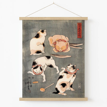 Cats Playing Art Print in Wood Hanger Frame on Wall