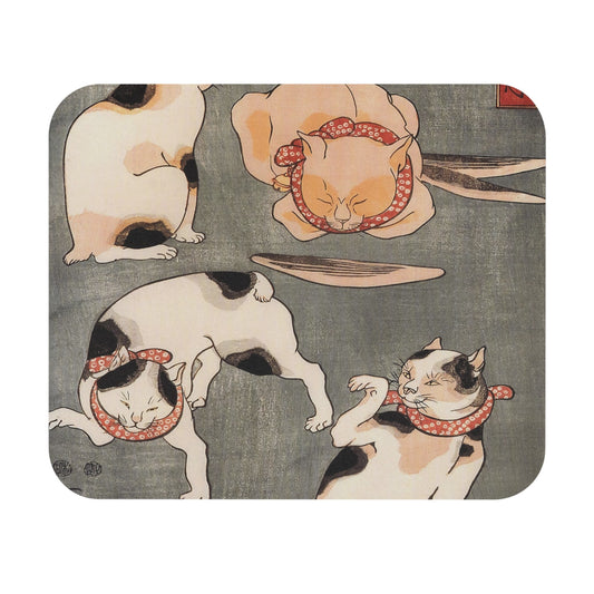 Japanese Cats Mouse Pad featuring cute playing cats whimsical design, perfect for desk and office decor.