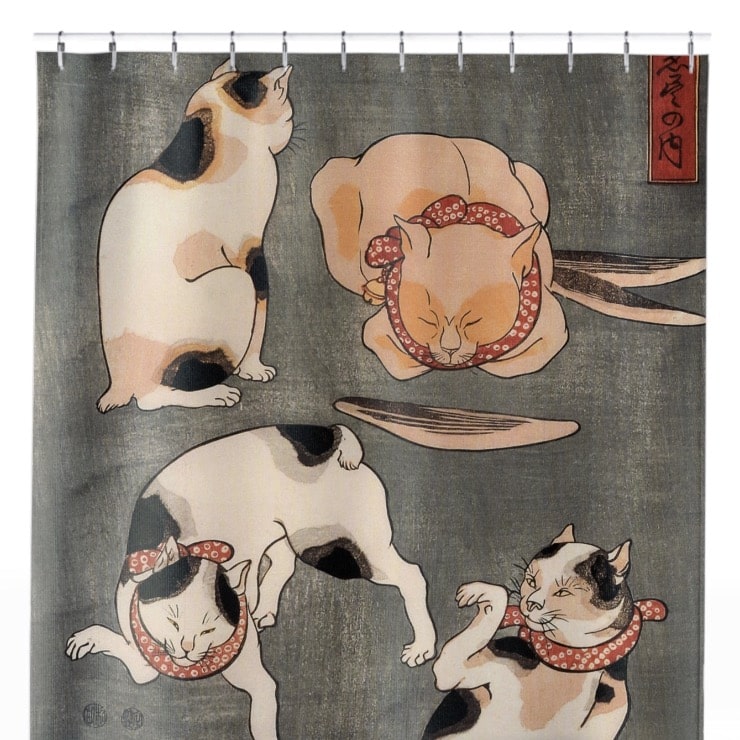 Japanese Cats Shower Curtain Close Up, Japanese Shower Curtains