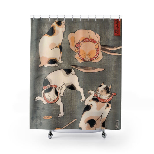 Japanese Cats Shower Curtain with cute playing cats design, whimsical bathroom decor showcasing playful cat illustrations.