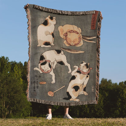 Japanese Cats Woven Blanket Held Up Outside