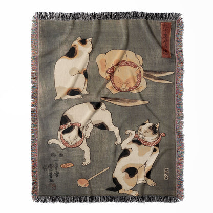 Japanese Cats woven throw blanket, crafted from 100% cotton, offering a soft and cozy texture with cute playing cats for home decor.