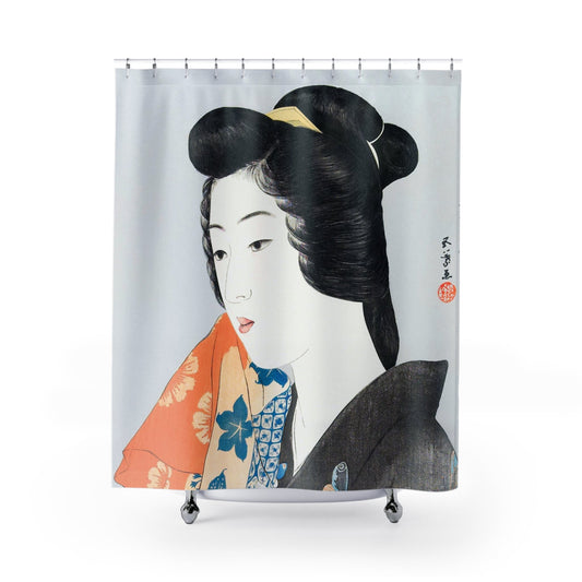 Japanese Fashion Shower Curtain with black kimono design, cultural bathroom decor featuring traditional Japanese fashion.