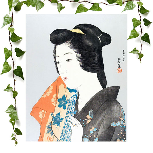 Japanese Fashion art prints featuring a black kimono, vintage wall art room decor