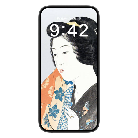 Japanese Fashion phone wallpaper background with black kimono design shown on a phone lock screen, instant download available.