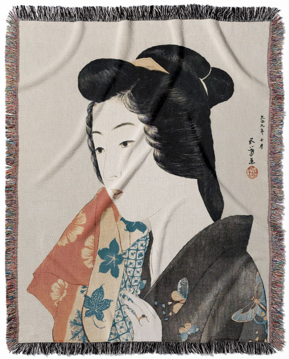 Japanese Fashion woven throw blanket, made of 100% cotton, featuring a soft and cozy texture with a black kimono design for home decor.