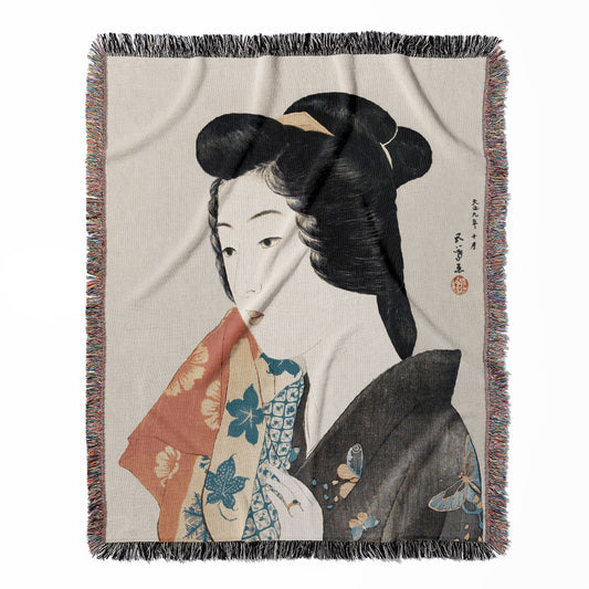 Japanese Fashion woven throw blanket, made of 100% cotton, featuring a soft and cozy texture with a black kimono design for home decor.