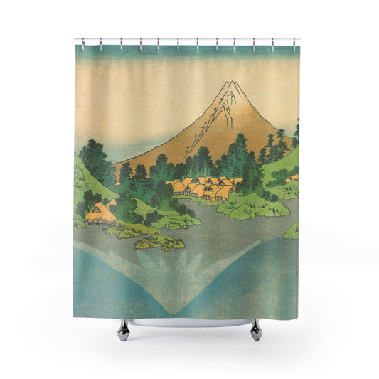 Mount Fuji Reflection Shower Curtain with Japanese design, cultural bathroom decor showcasing traditional Japanese scenery.