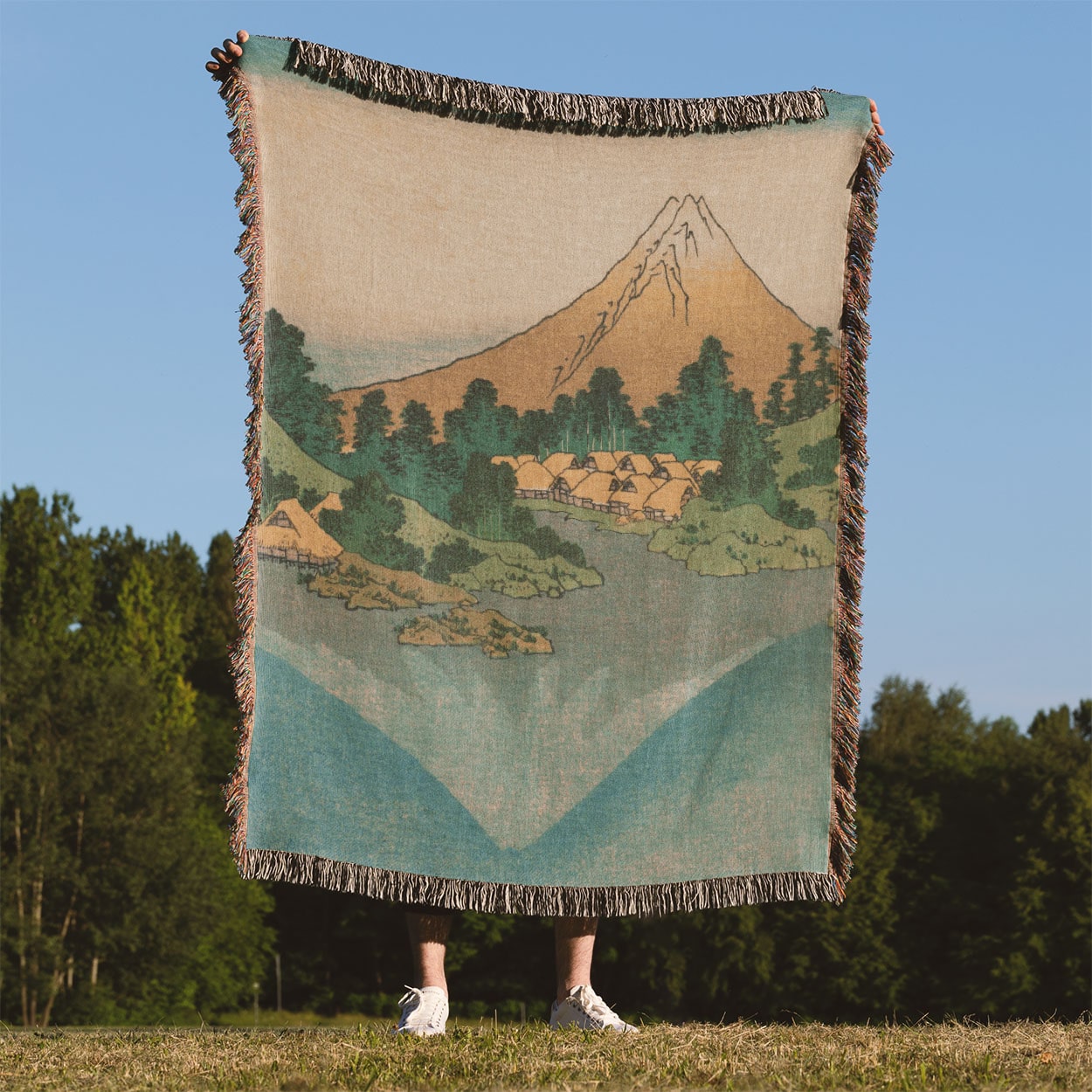 Japanese Mountain Woven Blanket Held Up Outside