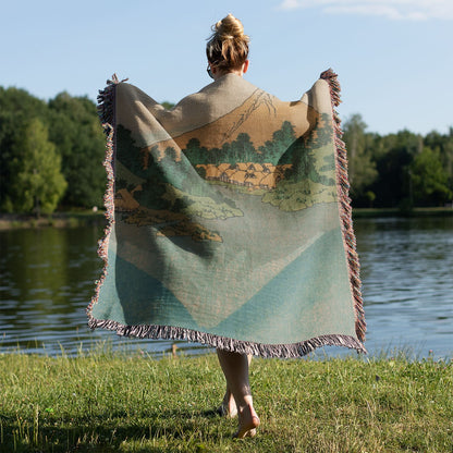 Japanese Mountain Woven Throw Blanket Held on a Woman's Back Outside