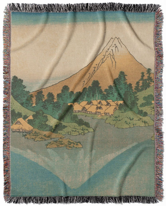 Mount Fuji Reflection woven throw blanket, crafted from 100% cotton, offering a soft and cozy texture with a Japanese theme for home decor.