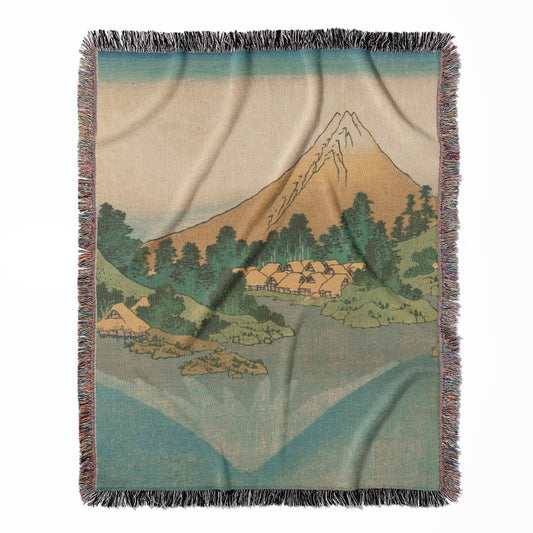 Mount Fuji Reflection woven throw blanket, crafted from 100% cotton, offering a soft and cozy texture with a Japanese theme for home decor.
