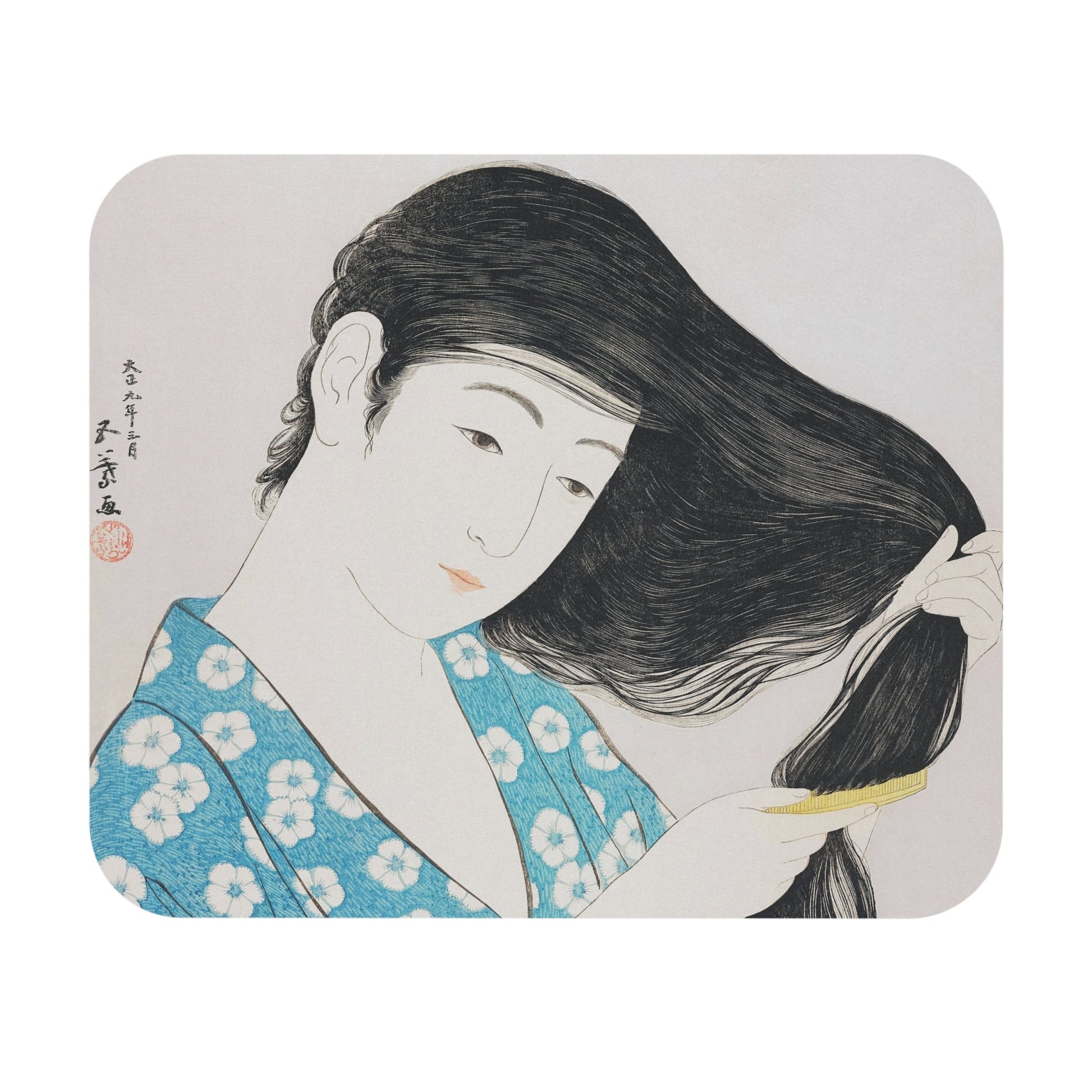 Japanese Art Mouse Pad showcasing a woman combing hair design, ideal for desk and office decor.