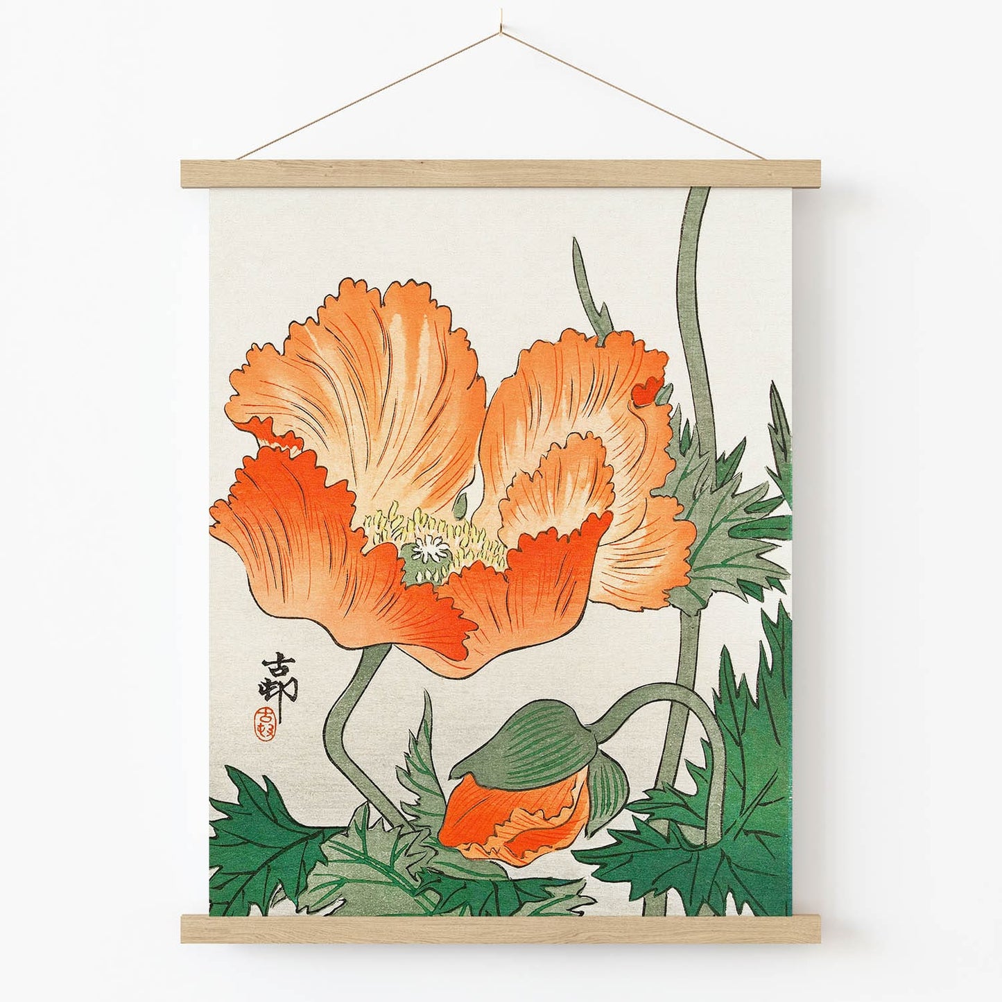 Uplifting Floral Art Print in Wood Hanger Frame on Wall