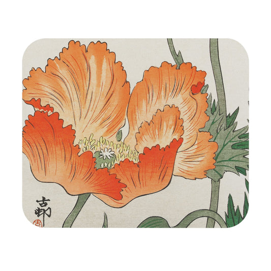 Orange Japanese Flower Mouse Pad with elegant flowers and plants design, desk and office decor featuring delicate floral artwork.