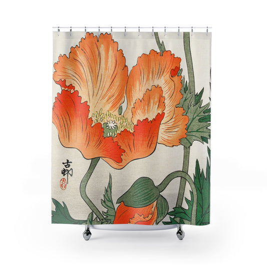 Orange Japanese Flower Shower Curtain with flowers and plants design, cultural bathroom decor featuring detailed floral themes.