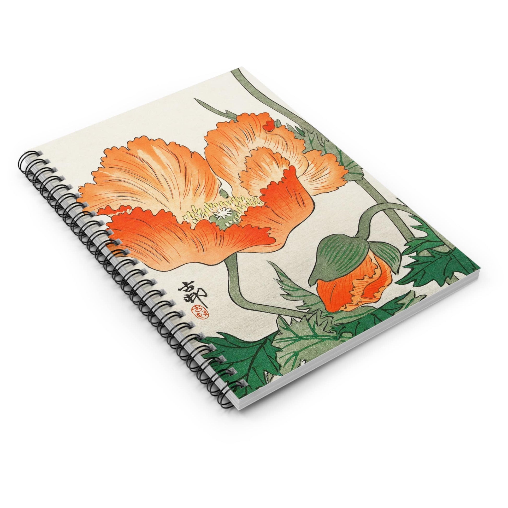 Japanese-Orange-Flower-Spiral-Notebook-Laying-Flat-on-White-Surface