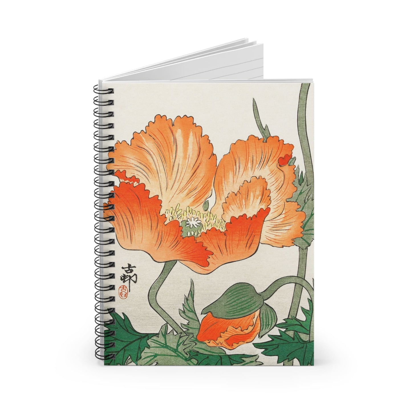 Japanese-Orange-Flower-Spiral-Notebook-Standing-up-on-White-Desk