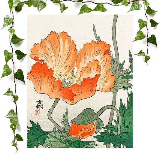 Orange Japanese Flower art print flowers and plants, vintage wall art room decor