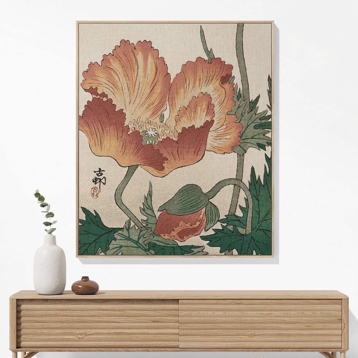 Japanese Orange Flower Woven Blanket Hanging on a Wall as Framed Wall Art