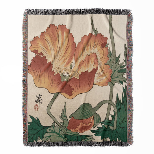 Orange Japanese Flower woven throw blanket, made of 100% cotton, featuring a soft and cozy texture with flowers and plants for home decor.
