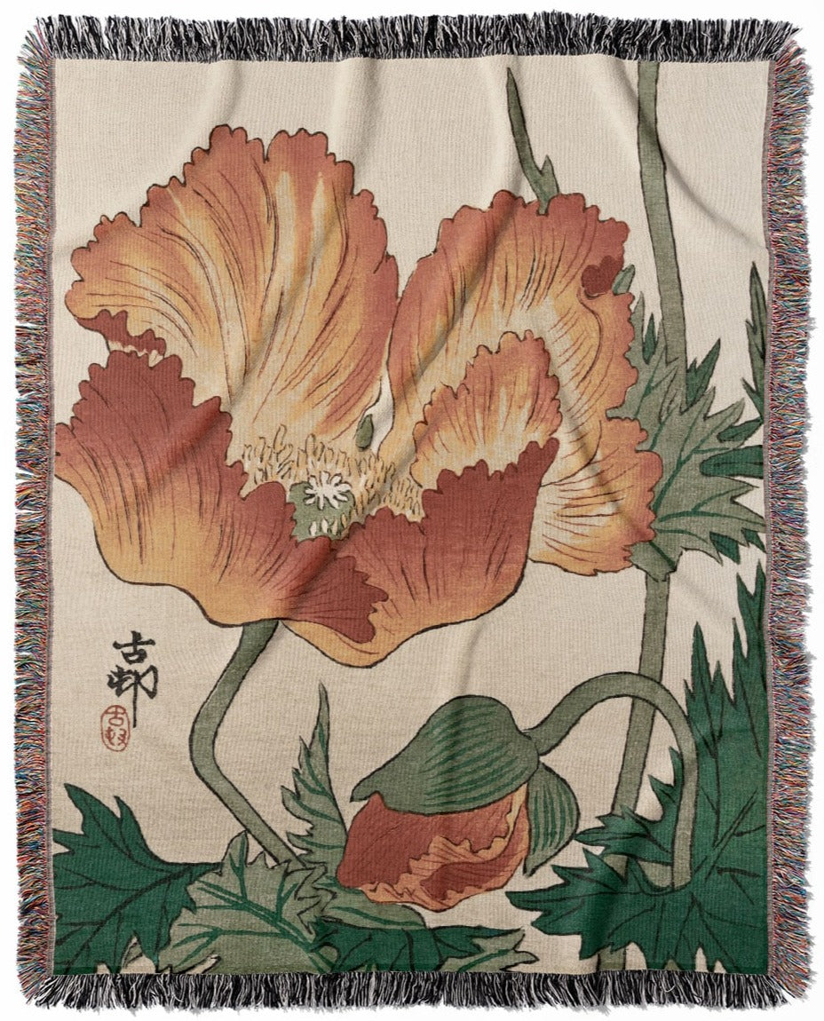 Orange Japanese Flower woven throw blanket, made of 100% cotton, featuring a soft and cozy texture with flowers and plants for home decor.