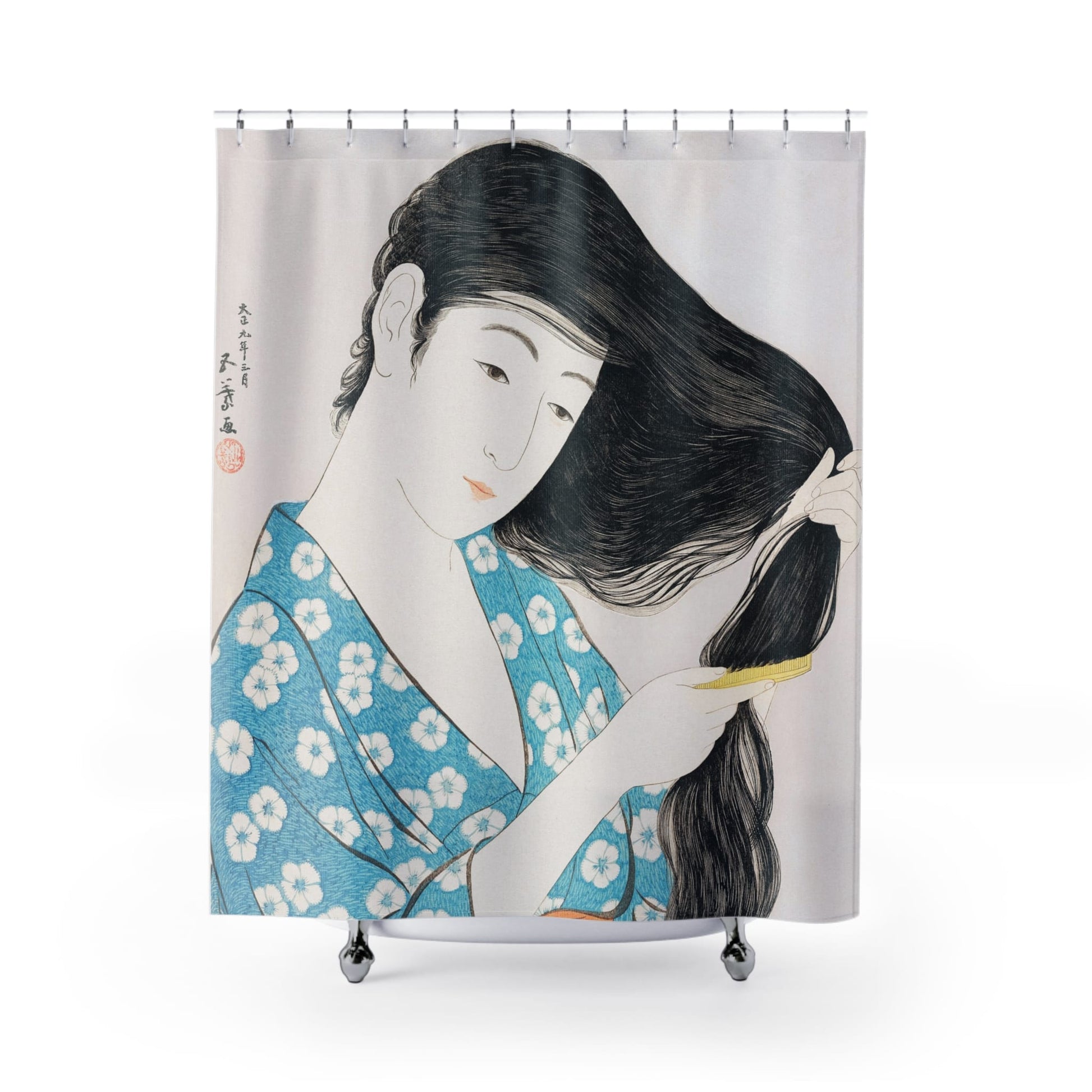 Japanese Art Shower Curtain with woman combing hair design, cultural bathroom decor featuring traditional Japanese scenes.